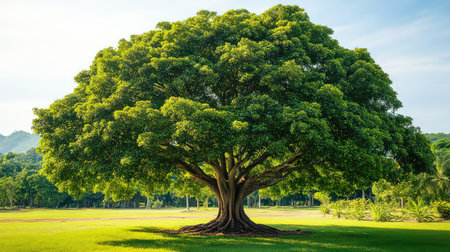 A majestic tree stands prominently with its broad canopy of lush green foliage, offering shade in a vibrant outdoor space, perfectly capturing nature's beauty.の素材
