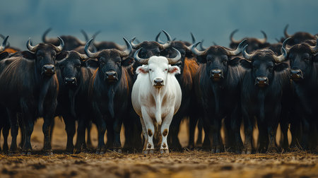 A striking image featuring a white cow standing confidently among a herd of black cattle. The dramatic contrast highlights the unique beauty of nature's palette, showcasing rural life.の素材