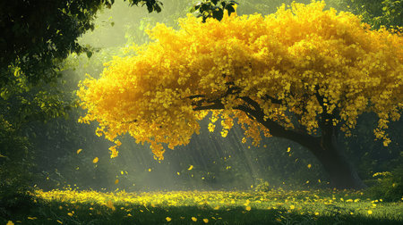 A stunning image of a vibrant yellow tree standing majestically in a lush green forest. Sunlight filters through the rich foliage, creating a serene atmosphere.の素材