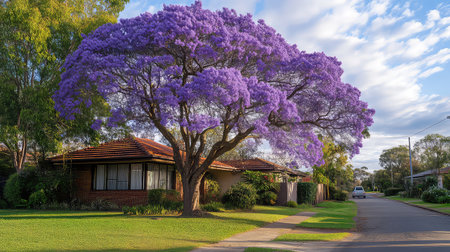 A majestic Jacaranda tree adorned with vibrant purple flowers stands proudly beside a cozy suburban home, showcasing a tranquil outdoor scene filled with nature's beauty.の素材