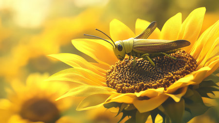 A stunning close-up image capturing a grasshopper resting on a bright sunflower, showcasing intricate details of both insect and flower against a warm, soft background.の素材