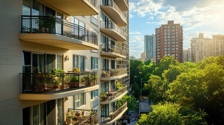 This captivating image showcases a modern urban apartment building featuring multiple balconies adorned with plants, set against a backdrop of lush greenery and the city skyline at sunset.の素材