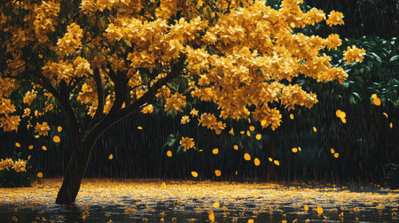 A stunning scene of a yellow flowering tree amid rain, with petals cascading down, reflecting the beauty and tranquility of nature.の素材