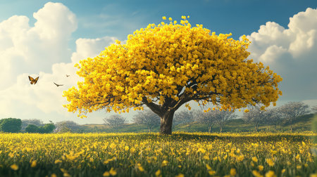 A stunning image of a vibrant yellow flowering tree stands majestically in a lush green meadow, radiating joy under a bright blue sky adorned with fluffy clouds.の素材