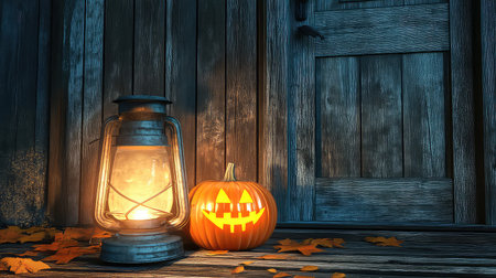 A warm glowing lantern beside a carved pumpkin creates a festive Halloween atmosphere against a rustic wooden door, surrounded by autumn leaves.の素材