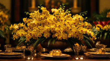 A stunning arrangement of bright yellow orchids as a centerpiece, perfect for enhancing the luxury dining experience during special events or celebrations.の素材