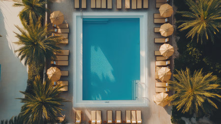Experience the serene beauty of a tropical resort with an aerial view of a sparkling blue swimming pool surrounded by lounge chairs and palm trees.の素材