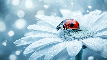A striking macro photograph features a ladybug resting on a flower petal adorned with dew drops. The soft light creates a dreamy atmosphere, highlighting nature's beauty.の素材