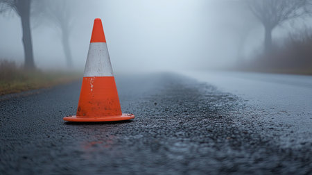 A striking image of an orange traffic cone resting on a wet asphalt road, surrounded by dense fog and soft tree outlines, evokes a sense of solitude and caution.の素材