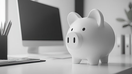 This image showcases a minimalist white piggy bank placed on a contemporary desk featuring a computer and stationery items, symbolizing finance and savings.の素材