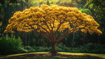 A stunning majestic tree adorned with vibrant yellow blossoms stands gracefully in a sunlit garden. The scene captures the essence of natureの素材