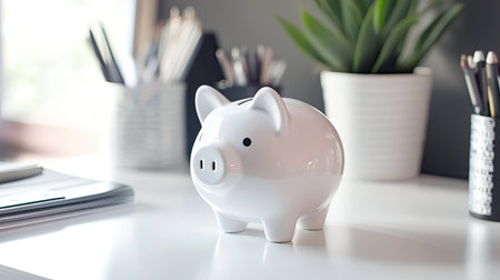 A charming white piggy bank positioned on a sleek desk, surrounded by office supplies and a thriving green plant, illuminated by soft natural light.の素材
