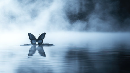 A stunning butterfly perched gracefully on still water, surrounded by gentle mist in soft blue tones, evoking tranquility and ethereal beauty in nature.の素材