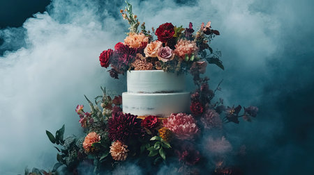 This stunning two-tiered cake is surrounded by a lush arrangement of vibrant flowers, enveloped in soft smoke, creating a magical celebration atmosphere.の素材