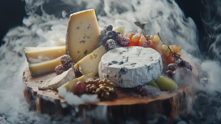 A stunning display of assorted cheeses, fresh fruits, and nuts elegantly arranged on a rustic wooden board. The smoke effect adds an artistic touch, enhancing the gourmet appeal. Perfect for culinary events, dining presentations, or food styling inspiration.の素材