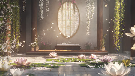 A tranquil zen garden featuring blooming lotus flowers and soft flowing greenery creates a serene atmosphere for meditation and relaxation.の素材