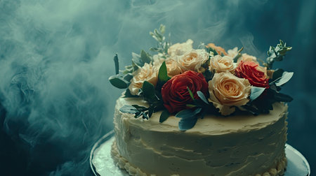 A stunning cake topped with fresh roses and greenery creates a dreamy atmosphere, surrounded by soft smoke, perfect for celebrations and special moments.の素材