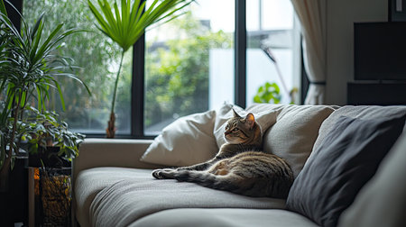 A serene scene featuring a domestic cat comfortably lounging on a soft sofa in a bright, stylish living room filled with indoor plants, creating a tranquil atmosphere.の素材