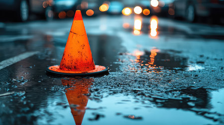 A vibrant orange traffic cone sits in a puddle on a rain-soaked street, reflecting dynamic city lights and capturing the energy of urban life.の素材