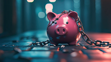 A broken pink piggy bank with a chain wrapped around it rests on a cobblestone street, symbolizing financial struggles and economic challenges. The dim lighting creates an atmosphere of urgency, reflection, and caution.の素材