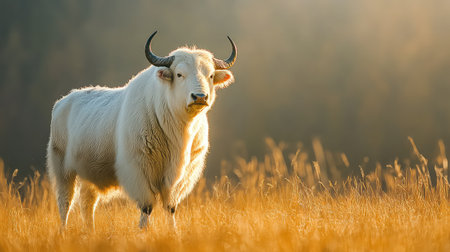 A stunning image of a majestic white yak standing in a sunlit meadow. The soft golden grass and gentle fog create a serene atmosphere in nature.の素材