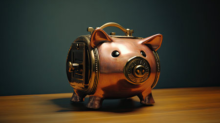 A charming vintage piggy bank with a safe lock feature, showcasing a unique design on a polished wooden table. Perfect for finance themes, this delightful piece adds a nostalgic touch to any interior.の素材