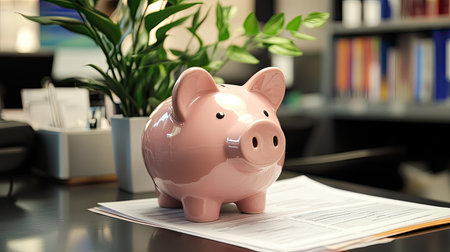 A pink piggy bank placed on a business desk surrounded by financial documents, representing savings and effective money management in a contemporary office space.の素材