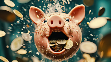 An engaging image of a piggy bank bursting with coins, symbolizing financial growth and success. Perfect for illustrating savings themes and wealth management concepts.の素材