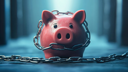A visually striking image of a piggy bank encircled by heavy chains, emphasizing the limitations and challenges of saving money in today's economy.の素材