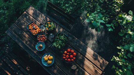 A beautiful display of fresh organic produce including tomatoes, lettuce, and corn arranged on a rustic wooden table in a serene outdoor setting.の素材