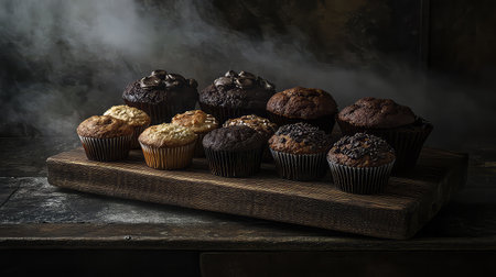 A captivating display of assorted cupcakes and muffins, showcasing rich flavors and textures on a rustic wooden board. A perfect visual treat for dessert lovers.の素材