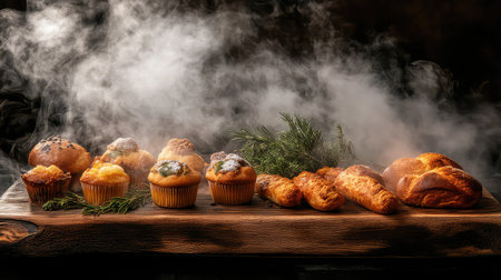 A beautiful arrangement of freshly baked muffins, bread, and pastries displayed on a wooden board with a steamy background and aromatic herbs.の素材