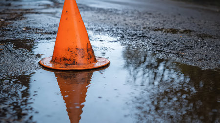 This image features an orange traffic cone standing on a wet road, with a clear reflection in a puddle. Ideal for urban safety themes.の素材