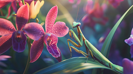 A stunning close-up of a praying mantis perched elegantly among vibrant purple orchids, capturing the intricate details of nature in soft lighting.の素材