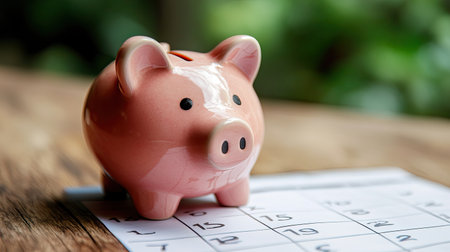 A charming piggy bank rests on a calendar, perfect for illustrating concepts of money management, savings, and financial planning in an inviting atmosphere.の素材