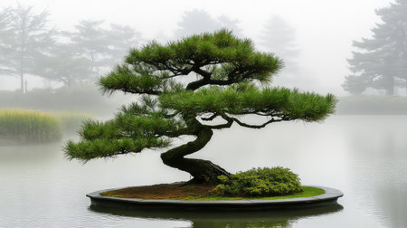 A stunning bonsai tree stands gracefully on an island, reflecting in the still waters of a misty lake, creating a peaceful and tranquil atmosphere.の素材