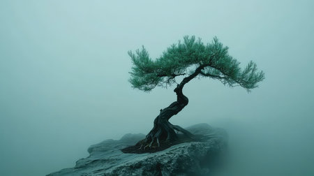 This captivating image showcases a solitary tree on a rocky outcrop, enveloped in dense fog. The serene atmosphere invites reflection and tranquility.の素材