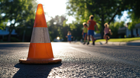 A bright orange traffic cone stands prominently in the foreground, while children joyfully play in the sunlit background on a residential street.の素材