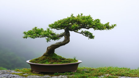 A beautiful bonsai tree stands majestically in a foggy landscape, showcasing intricate details and vibrant green leaves. This serene image illustrates nature's tranquility and the art of bonsai gardening.の素材