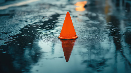 A bright orange traffic cone stands prominently in a rain-formed puddle, casting a striking reflection on the wet streets, showcasing urban life in rainy weather.の素材