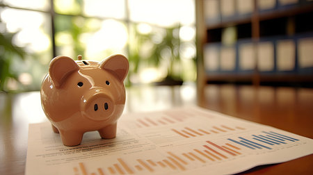 A charming piggy bank sits on top of financial papers covered with colorful charts, symbolizing savings, investment planning, and financial literacy.の素材