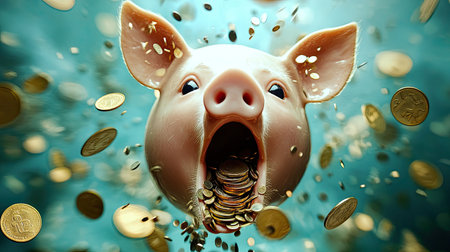 A whimsical depiction of a piggy bank spewing coins in a lively blue setting, illustrating the concepts of saving, wealth, and prosperity in a fun manner.の素材