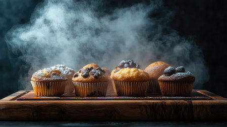 A visually captivating scene featuring an assortment of freshly baked muffins steaming on a wooden board, perfect for culinary enthusiasts.の素材