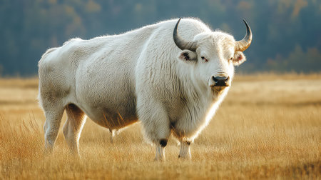 A striking white bison stands gracefully in a golden prairie, exuding strength and presence. This serene scene captures the essence of wildlife in natural habitats.の素材