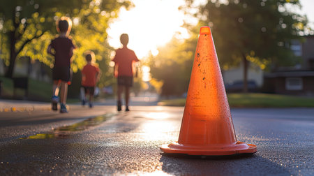 A bright sunset illuminates a street where three children run joyfully past an orange traffic cone, capturing the essence of playful outdoor activity.の素材