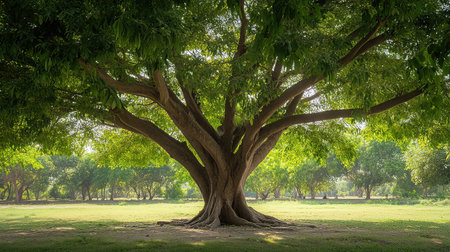 A majestic tree with a wide canopy and vibrant green foliage stands in a peaceful outdoor space, offering shade and beauty under bright daylight.の素材