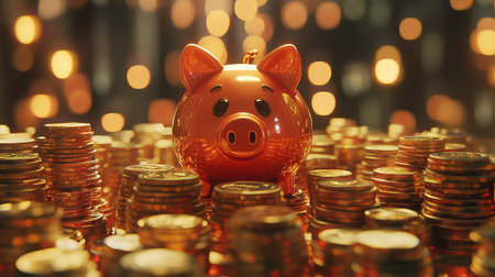 A vibrant orange piggy bank stands proudly amidst a heap of gleaming gold coins, creating a striking financial theme with an inviting bokeh backdrop.の素材