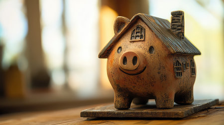 A delightful ceramic piggy bank designed as a house, featuring a joyful expression. An appealing way to encourage savings for future home investments.の素材