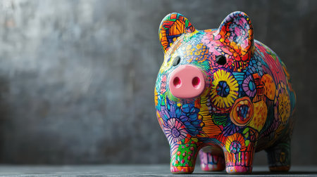 This vibrant and artistic piggy bank features a floral design, symbolizing savings and budgeting in a playful way. Perfect for inspiring financial goals.の素材
