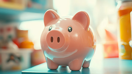 A charming pink piggy bank stands proudly on a desk, surrounded by colorful containers, symbolizing savings and financial education in a bright, inviting setting.の素材